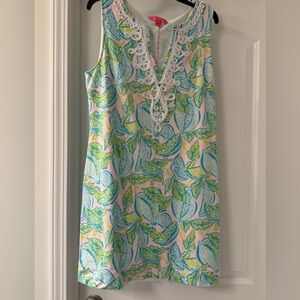 Lilly Pulitzer Pink, Aqua & Lime Printed Knit Shift Dress with White Trim